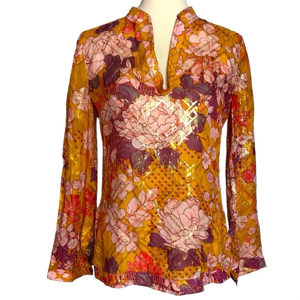 Tory Burch Metallic Silk Gold Orange Yellow Long Flutter Sleeve Tunic Blouse 6 - Picture 1 of 13